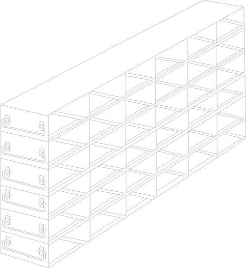 Stainless steel upright freezer drawer rack with 6 pull-out drawers for 50-cell hinged top plastic boxes, 6 deep x 6 high