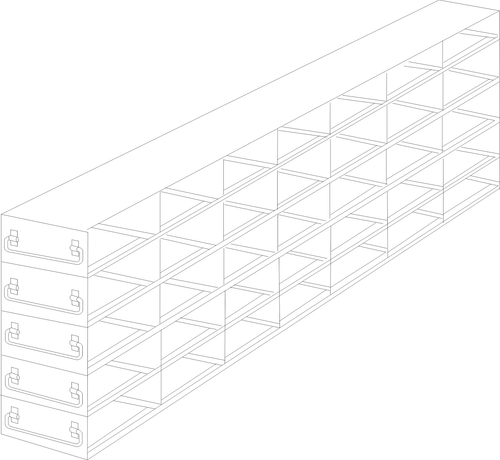 Stainless steel upright freezer drawer rack with 5 pull-out drawers for 50-cell hinged top plastic boxes, 7 deep x 5 high