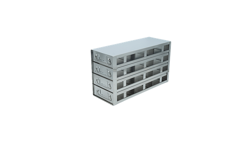 Stainless steel upright freezer drawer rack with 4 pull-out drawers for 100-cell hinged plastic boxes, 3 deep x 4 high