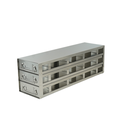 Stainless steel upright freezer drawer rack with 3 pull-out drawers for 100-cell hinged plastic boxes, 4 deep x 3 high