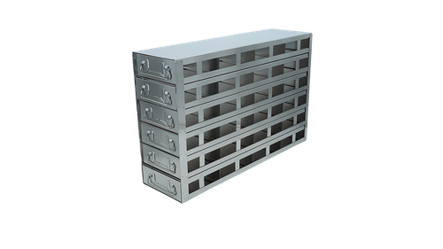 Stainless steel upright freezer drawer rack with 6 pull-out drawers for 100-cell hinged plastic boxes, 4 deep x 6 high