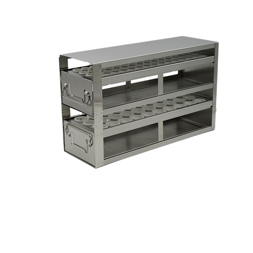 Stainless steel upright freezer drawer rack with 2 drawers for 15 mL conical centrifuge tubes, 16 11/16 inches deep
