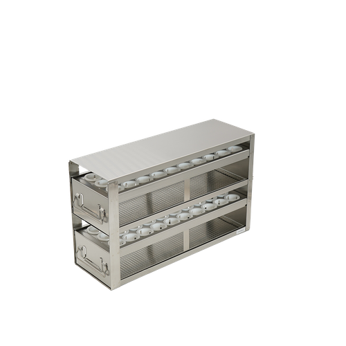 Stainless steel upright freezer drawer rack with 2 drawers for 50 mL conical centrifuge tubes, 16 11/16 inches deep