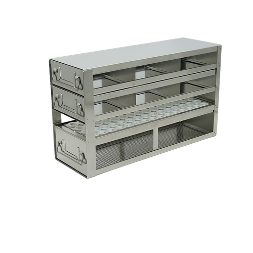 Stainless steel combination upright freezer rack for 2-inch boxes and 15 mL conical centrifuge tubes