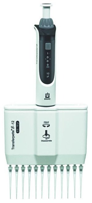 BRAND 705920 Transferpette S-12 12-Channel Pipette, Adjustable, 0.5 - 10 µl, M12-10