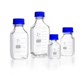 DURAN 218204454 GL 45 Laboratory Bottle Square, clear, with screw cap and pouring ring, PP, blue, 500 mL, Case of 10