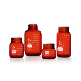 DURAN 218666383 protect+ GLS 80 Laboratory Bottle, amber, plastic safety coated, without screw cap and pouring ring