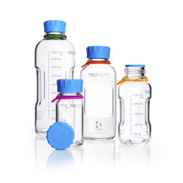 DURAN 218814452 YOUTILITY GL 45 Laboratory Bottle (clear), with screw cap and pouring ring (PP, cyan), 500 mL, Case of 4