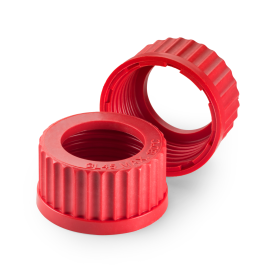 DURAN 292271007 GL 45 Open Topped Screw Cap, with central aperture, PBT, red, Pack of 10