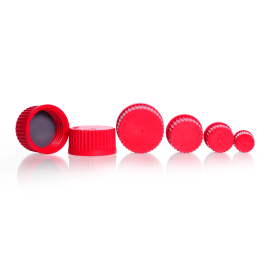 DURAN 292400806 GL 14 High Temperature Screw Cap (PBT, red), with PTFE-coated, peroxide cured silicone cap liner, Pack