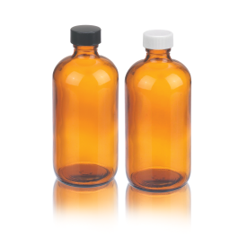 Wheaton W216849 Boston Round Bottle, 2oz, amber, black Phenolic, PE cone, Case of 24
