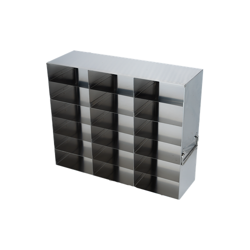 Crystal UF-362 stainless steel upright freezer rack holding eighteen 2-inch cardboard freezer boxes, 3 deep by 6 high
