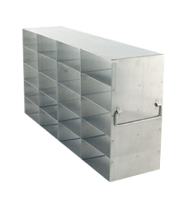 Crystal UF-452 stainless steel upright freezer rack holding twenty 2-inch freezer boxes, 4 deep by 5 high