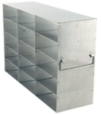 Crystal UF-352 stainless steel upright freezer rack holding fifteen 2-inch freezer boxes, 3 deep by 5 high