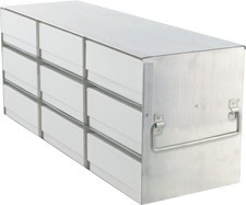 Crystal UF-332 stainless steel upright freezer rack holding nine 2-inch freezer boxes, 3 deep by 3 high