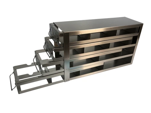 Crystal stainless steel upright freezer rack with four slide-out drawers, three 2-inch boxes deep per drawer, 12-box capacity