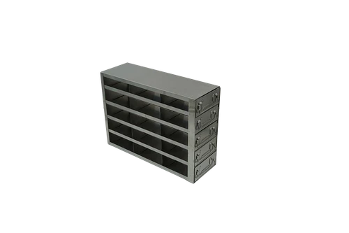 Stainless steel freezer rack with five stacked pull-out drawers, each holding three 2-inch cryo boxes, 15-box capacity