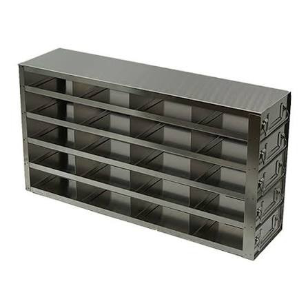 Stainless steel upright freezer rack with five full-depth pull-out drawers, each holding four 2-inch boxes, 20-box capacity