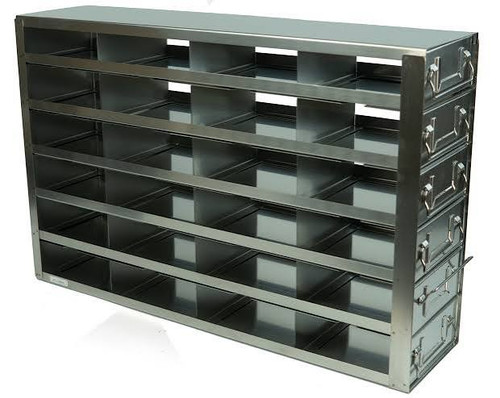 Tall stainless steel freezer drawer rack with six full-depth drawers holding 24 two-inch cardboard boxes, four per drawer