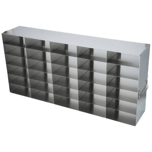 Crystal UF-562 stainless steel upright freezer rack holding thirty 2-inch cardboard freezer boxes, 5 deep by 6 high