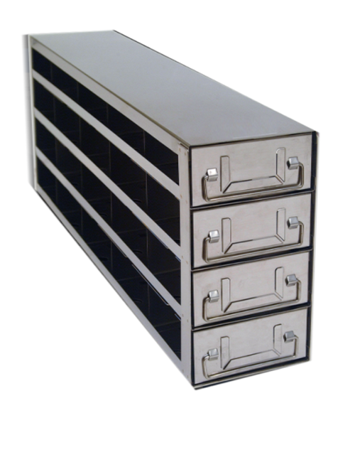 Extra-deep stainless steel freezer rack with four 27-inch pull-out drawers, each holding five 2-inch boxes, 20 total