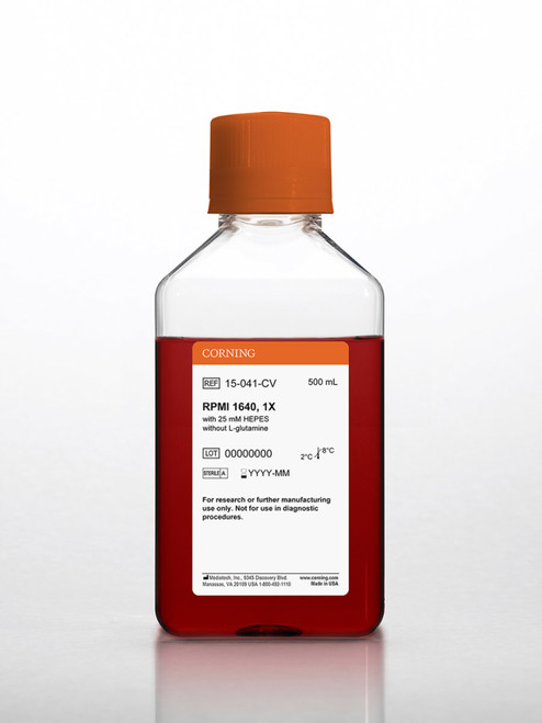Corning Mediatech RPMI 1640 | With 25 mM HEPES | Without L-Glutamine | Enhanced pH Stability & Maximum Supplementation Flexibility | Liquid, Sterile | 500 mL | 6/Case | Cat # 15-041-CV