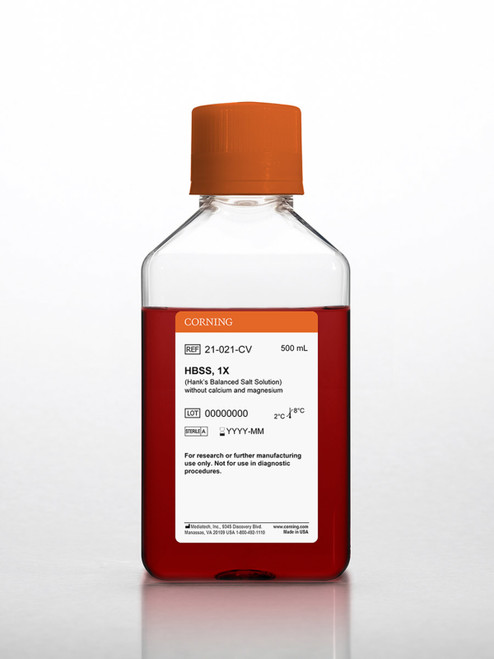 Corning Mediatech HBSS (Hanks' Balanced Salt Solution) | 1X, Without Calcium & Magnesium | Physiological pH Without CO₂ | Cell Washing, Transport & Short-Term Maintenance | Liquid, Sterile | 500 mL | 6/Case | Cat # 21-021-CV