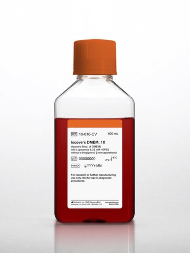 Corning Mediatech IMDM (Iscove's Modification of DMEM) | L-Glutamine & 25 mM HEPES | Without β-Thioglycerol & β-Mercaptoethanol | High-Density Rapidly Proliferating Cultures | Liquid, Sterile | 500 mL | 6/Case | Cat # 10-016-CV