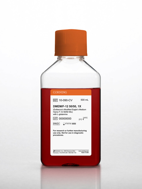 Mediatech DMEM/Ham's F-12 50/50 Mix | L-Glutamine | Without HEPES | Standard CO₂ Incubator Format | Liquid, Sterile | 500 mL | 6/Case | Cat # 10-090-CV