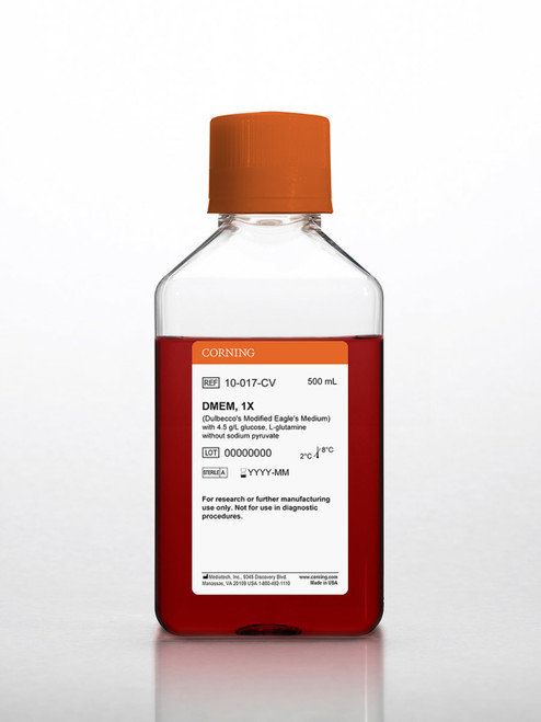 Corning Mediatech DMEM (Dulbecco's Modification of Eagle's Medium) | 4.5 g/L Glucose & L-Glutamine | Without Sodium Pyruvate | Liquid, Sterile | 500 mL | 6/Case | Cat # 10-017-CV