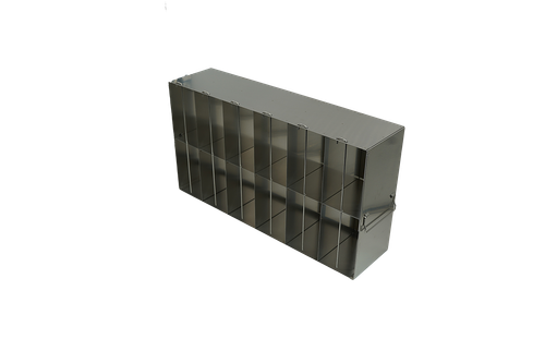 Stainless steel upright freezer rack for 96- and 384-well microplates, 6 compartments deep by 2 high, 12 inches tall