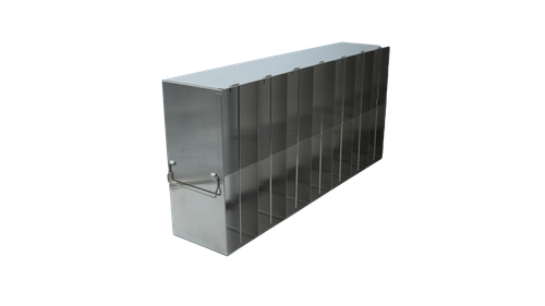 Stainless steel upright freezer rack for 96- and 384-well microplates, 7 compartments deep by 2 high, 12 inches tall