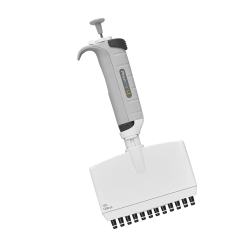 Twelve-channel MTC Bio ProPette LE pipettor, 30 to 300 µL range, with gray grip, plunger and wide white manifold