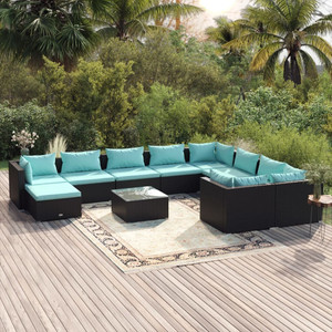 11 Piece Patio Lounge Set with Cushions Poly Rattan Black A949-3102689