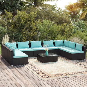 10 Piece Patio Lounge Set with Cushions Poly Rattan Black A949-3101913