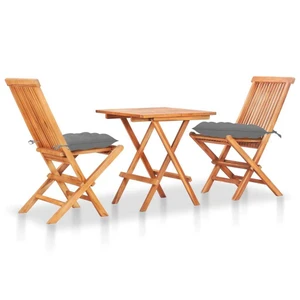 3 Piece Bistro Set with Gray Cushions Solid Teak Wood A949-3063241