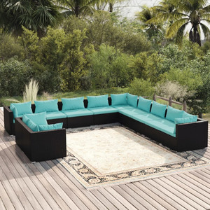 11 Piece Patio Lounge Set with Cushions Black Poly Rattan A949-3102529