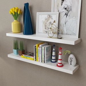 2 White MDF Floating Wall Display Shelves Book/DVD Storage A949-242185