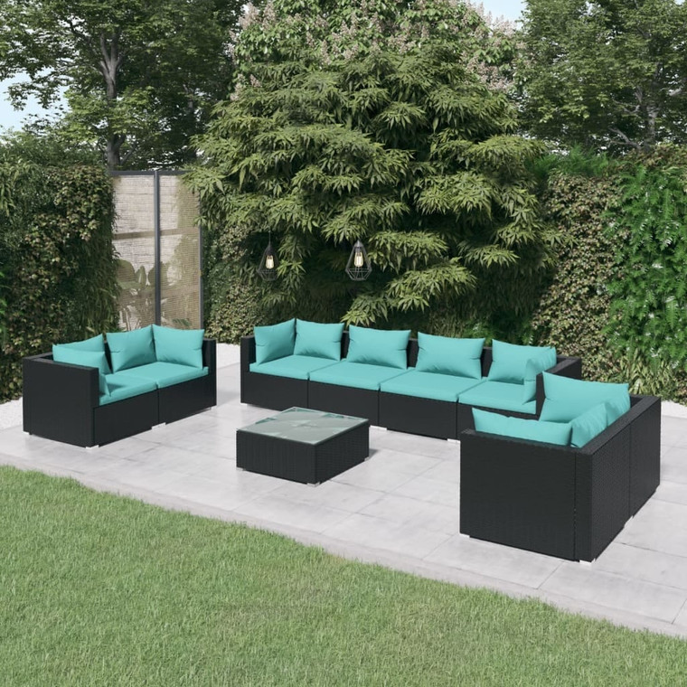 9 Piece Patio Lounge Set with Cushions Poly Rattan Black A949-3102289