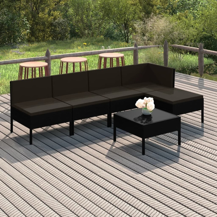 6 Piece Patio Lounge Set with Cushions Poly Rattan Black A949-3094373
