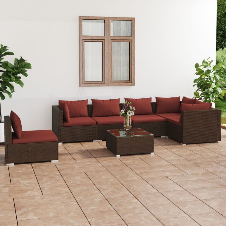 7 Piece Patio Lounge Set with Cushions Poly Rattan Brown A949-3102331