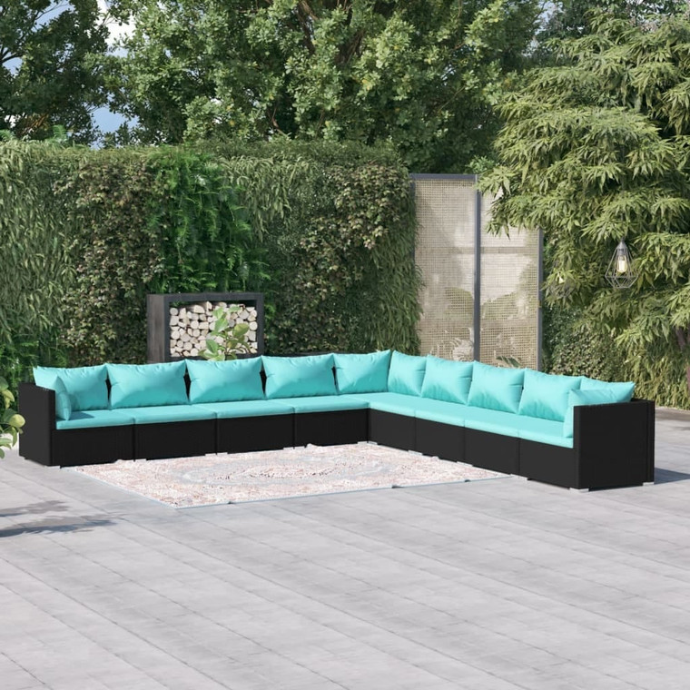 9 Piece Patio Lounge Set with Cushions Poly Rattan Black A949-3101785