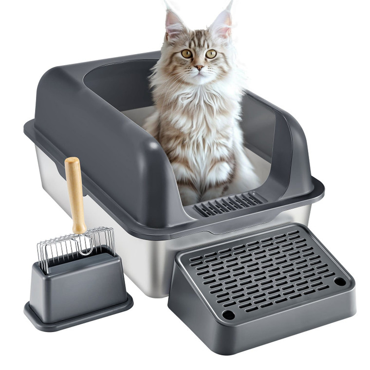 Cat Litter Box, 6 inches Deep, XL Extra Large Stainless Steel Cat Litter Box with Scoop, Wide Filte E415-BKFSMSPSHSBX1JXH4V0