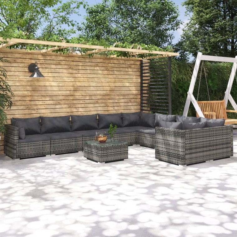 10 Piece Patio Lounge Set with Cushions Poly Rattan Gray A949-3102773