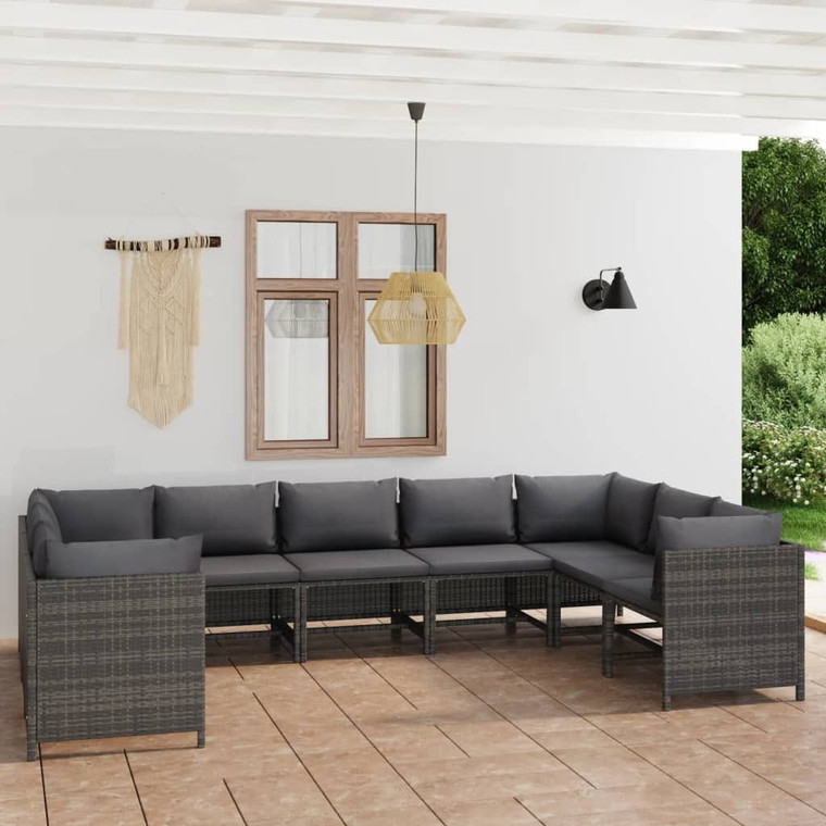 9 Piece Patio Lounge Set with Cushions Poly Rattan Gray A949-3059767