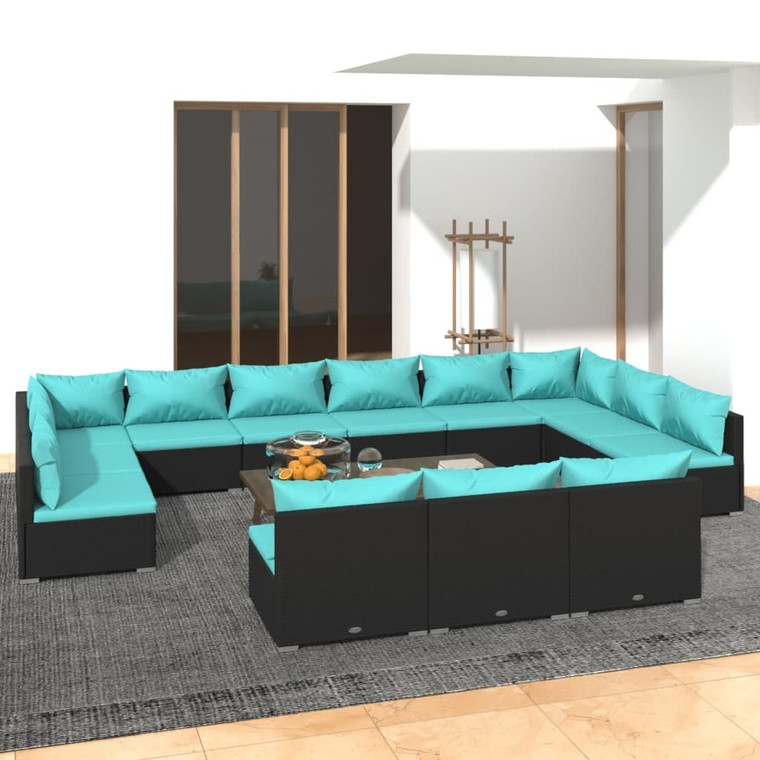 13 Piece Patio Lounge Set with Cushions Black Poly Rattan A949-3102153