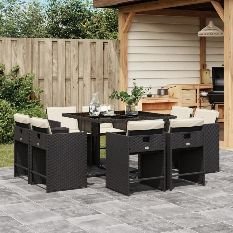 9 Piece Patio Dining Set with Cushions Black Poly Rattan A949-3277961