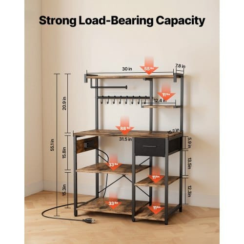 Kitchen Bakers Rack, 4.6ft Power Cable Bakers Rack with Power Outlet, Kitchen Stand with X-Shaped S E415-LSHBJ354INCHJDEBN001V1