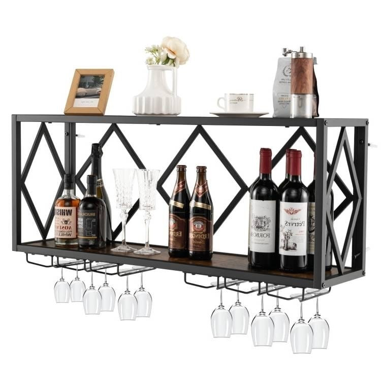 Industrial Rustic Brown Wood Metal Wall Mounted Wine Rack Shelf Q280-XLLACO98563