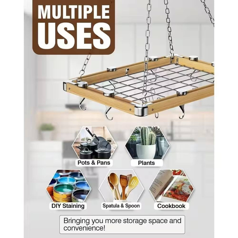 Rectangular 23.5-inch Metal Wood Ceiling Mounted Kitchen Pot Rack Q280-CMWPR1129042583